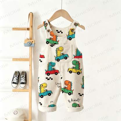 Baby Toddler Dino Car Print Beige Corduroy Pocket Overalls - Beige - 5-7T - image 1