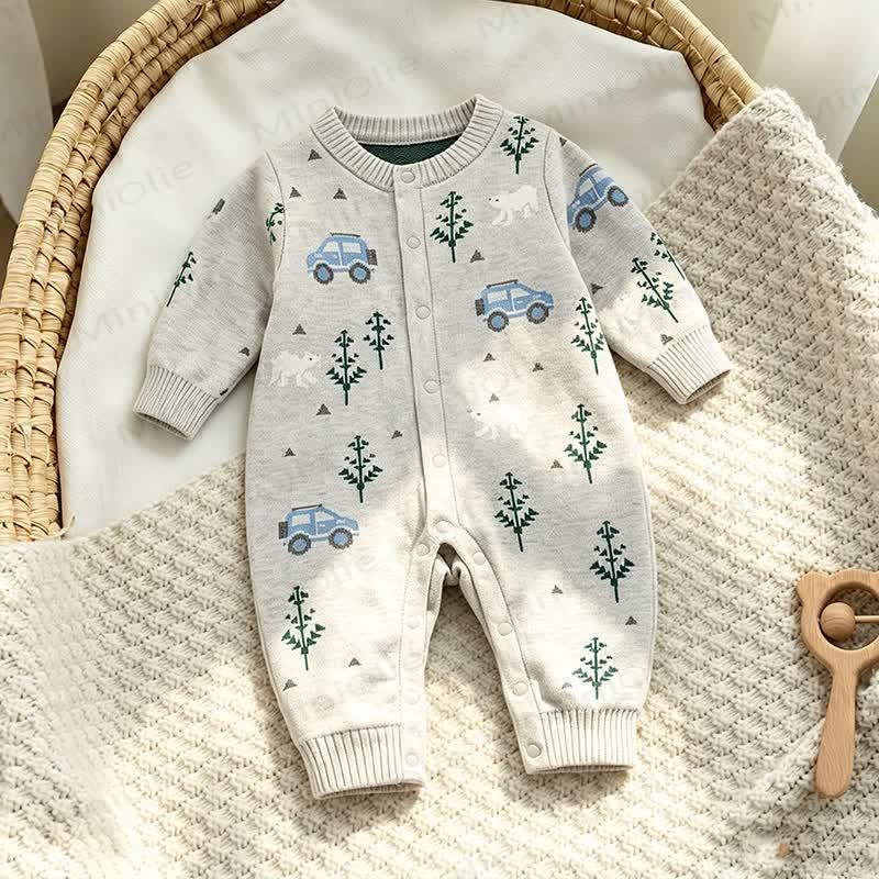 Baby Grey Car and Tree Pattern Snap Romper - image 1