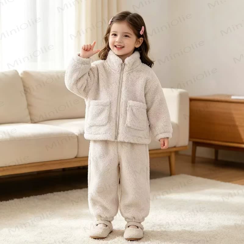 Baby Toddler Solid Color Sherpa Zip Pocket 2-piece Set - Beige - 4-5T - image 3