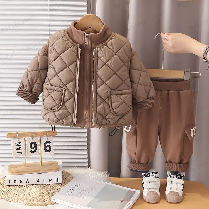 Baby Toddler Fleece Quilted Jacket and Pants 2-piece Set - Brown - 4-5T - image 3