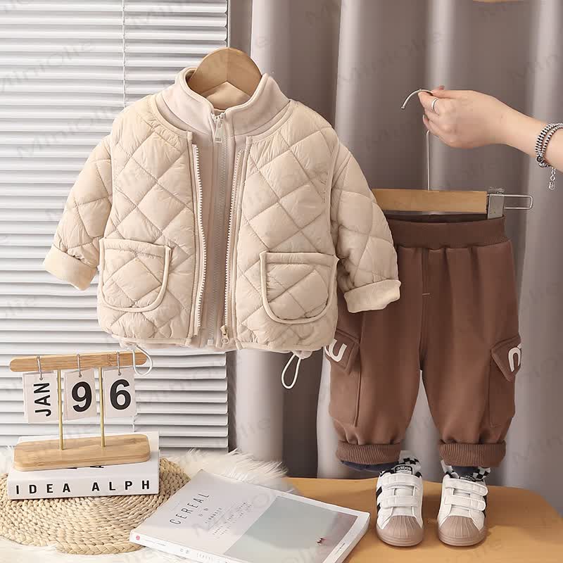 Baby Toddler Fleece Quilted Jacket and Pants 2-piece Set - Beige - 4-5T - image 2