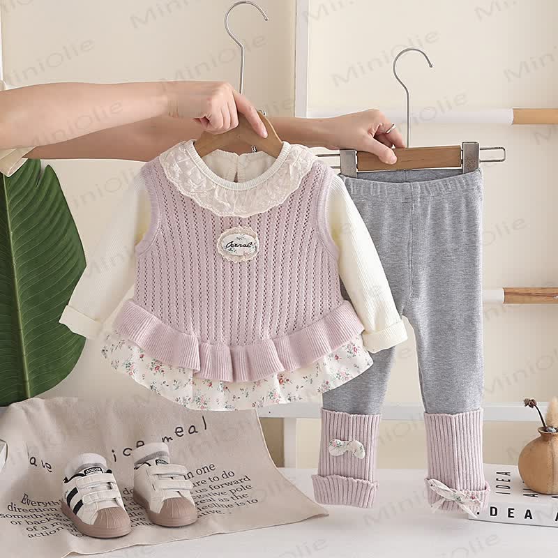 Baby Toddler Girl Lace Collar Floral Peplum 3-piece Set - Purple - 4-5T - image 2
