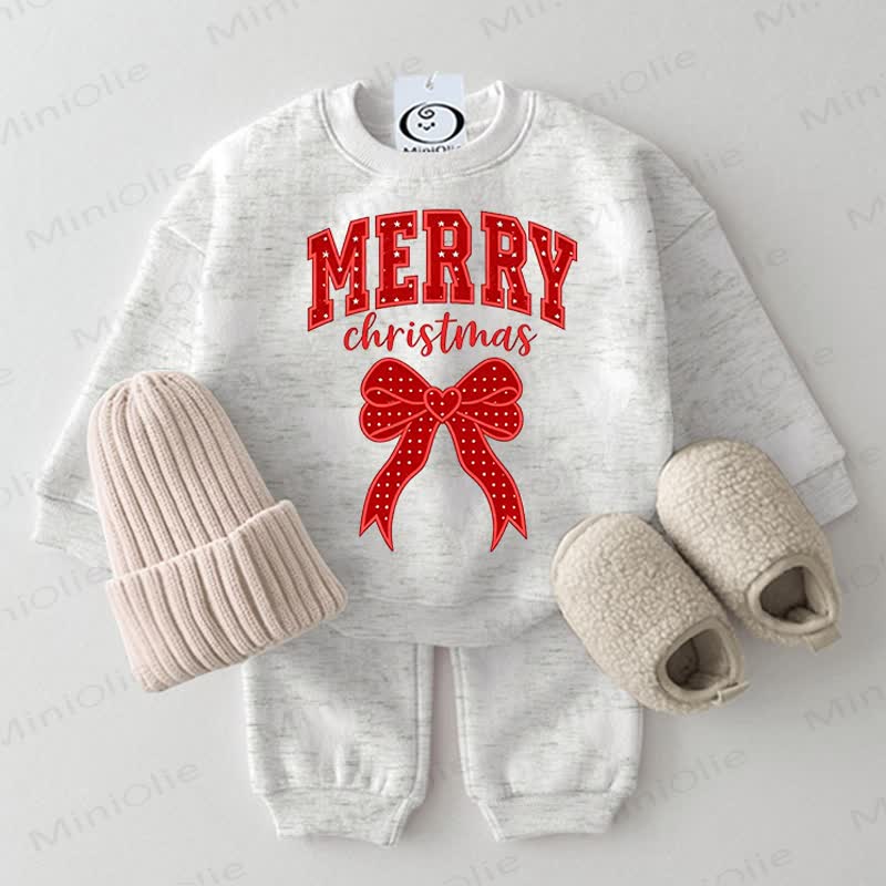 MERRY CHRISTMAS Baby Bow Light Grey Sweatshirt 2-piece Set - Light Grey - 2-3T - image 1