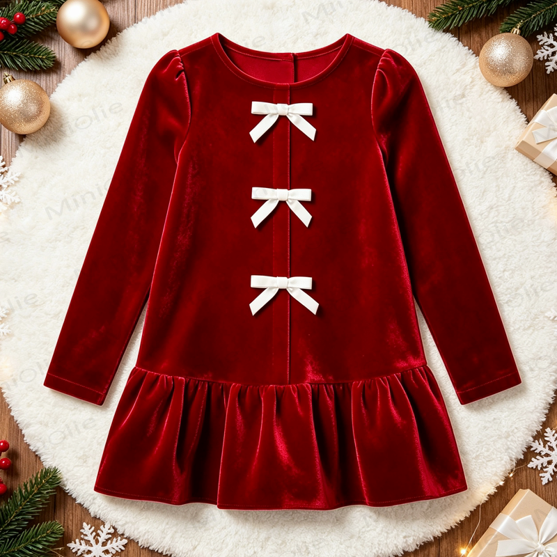 Toddler Baby Girl Red Velvet Bow Detail Long Sleeve Dress - Red - 4-5T - image 1