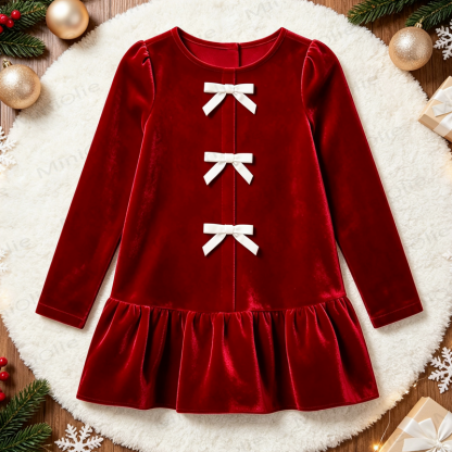 Toddler Baby Girl Red Velvet Bow Detail Long Sleeve Dress - Red - 4-5T - image 1