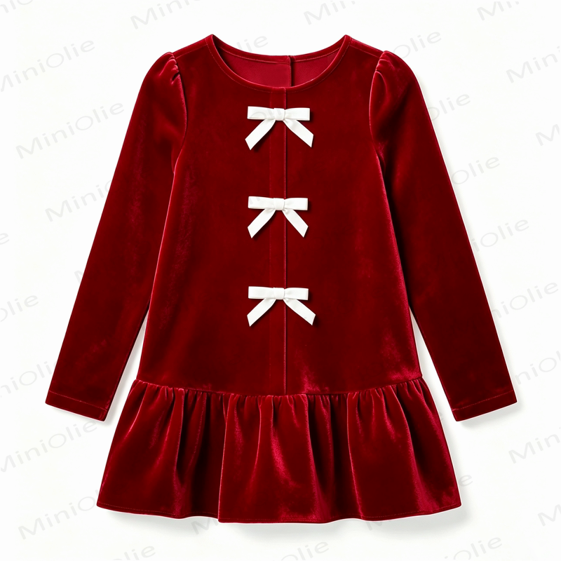 Toddler Baby Girl Red Velvet Bow Detail Long Sleeve Dress - image 2