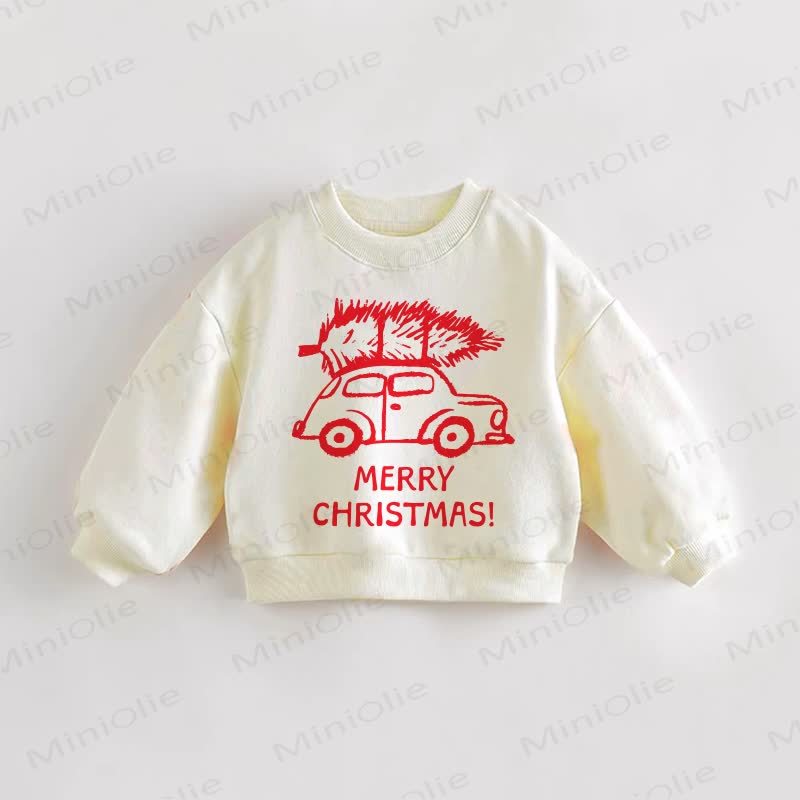 MERRY CHRISTMAS Baby Toddler Car and Christmas Tree Print Cream Sweatshirt - Cream - 3-5T - image 1
