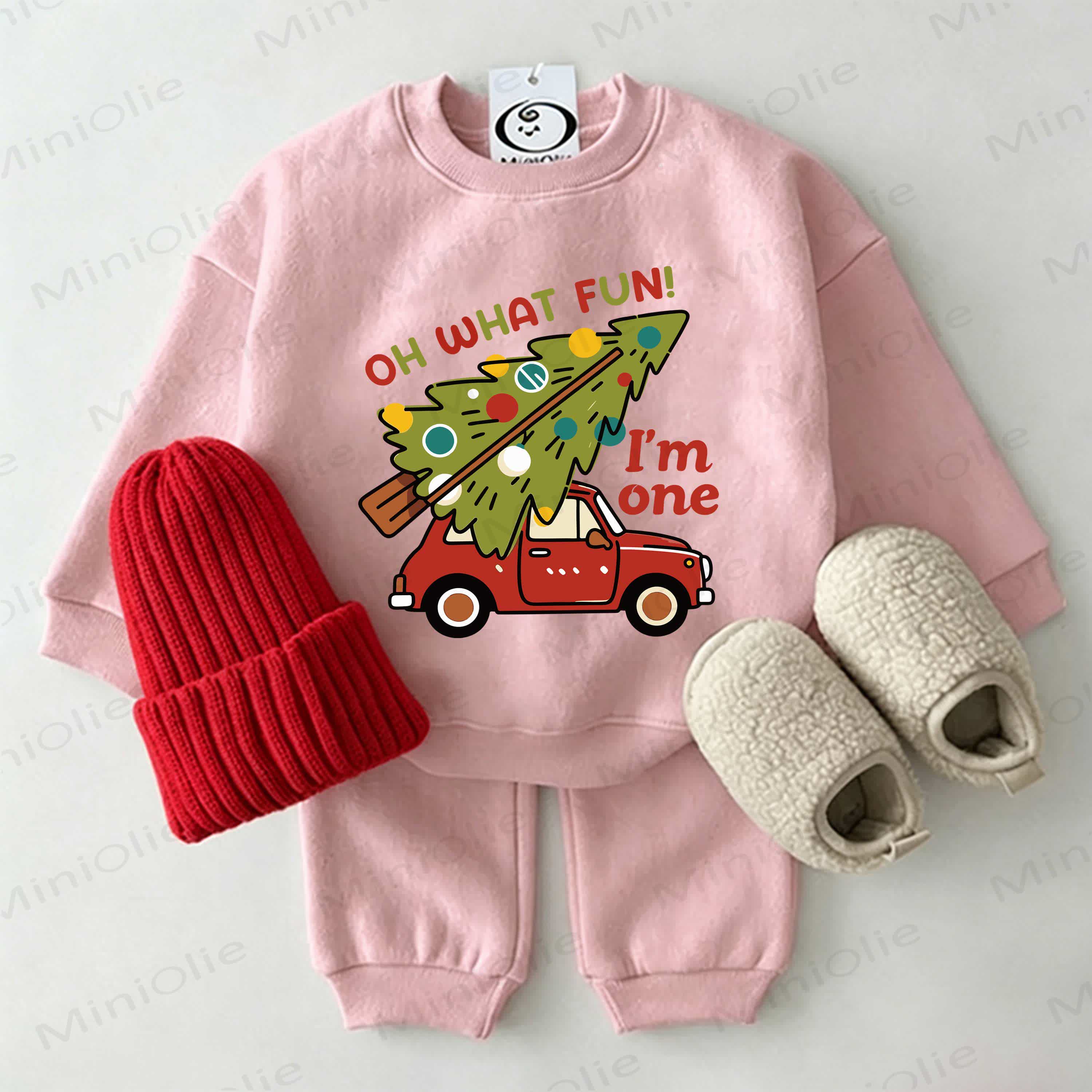 OH WHAT FUN! I'M ONE Baby Christmas Tree Car Pink Sweatshirt 2-piece Set - Pink - 2-3T - image 1