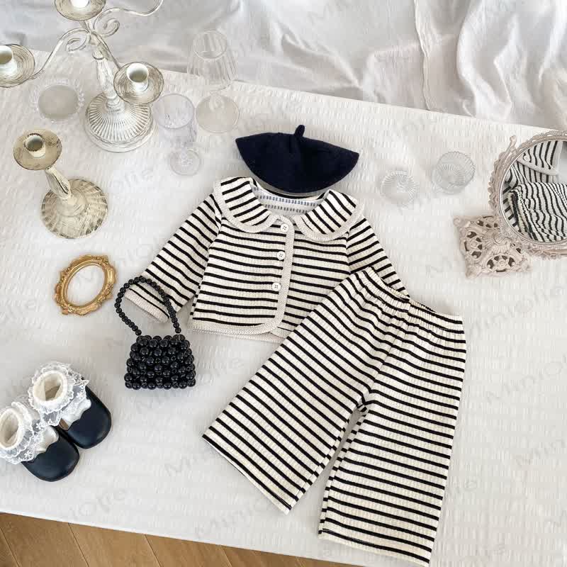 Toddler Baby Girl Striped Knit Cardigan and Pants 2-piece Set - Black - 4-5T - image 1