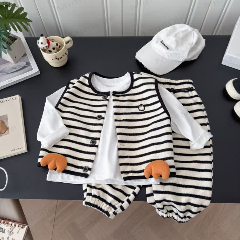 Toddler Baby Cartoon Penguin Striped 3-piece Set - White - 5T - image 1
