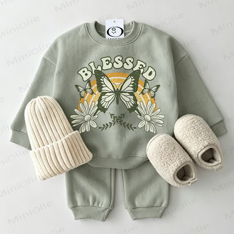 BLESSED Baby Butterfly and Flower Grey Green Sweatshirt 2-piece Set - Grey Green - 2-3T - image 1