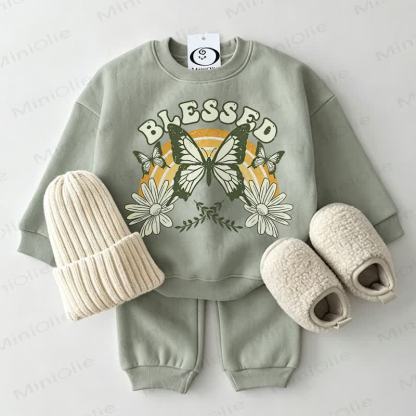BLESSED Baby Butterfly and Flower Grey Green Sweatshirt 2-piece Set - Grey Green - 2-3T - image 1
