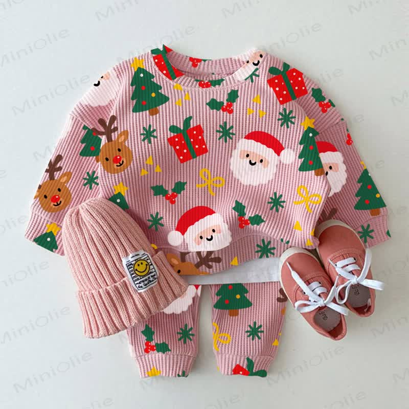 Baby Pink Santa Print Waffle 2-piece Set - Pink - 2-3T - image 1