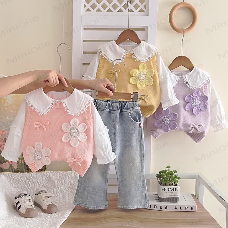 Toddler Baby Girl Floral Knit Denim 3-piece Set - image 1