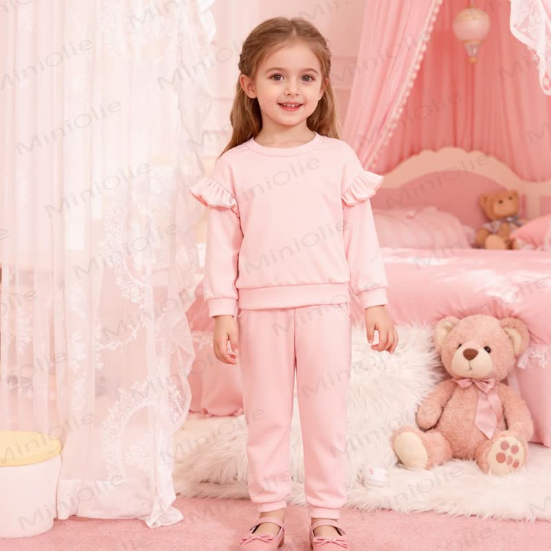 Toddler Baby Girl Solid Color Ruffle Sweatshirt and Jogger 2-piece Set - Pink - 5-6T - image 1