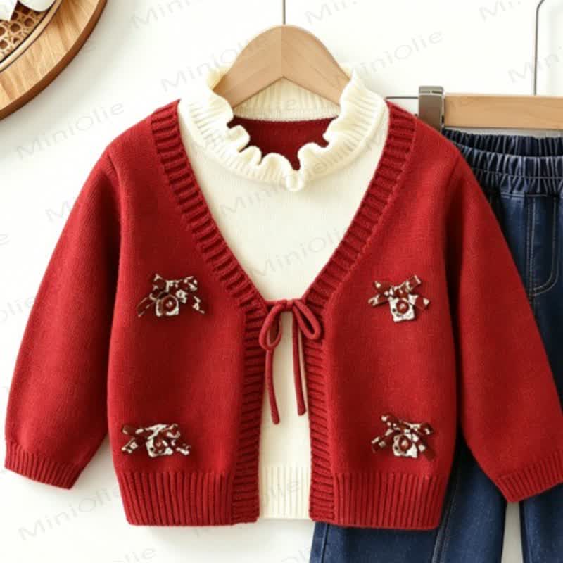 Toddler Girl Bow Patch Knit Top and Denim Pants 2-piece Set - Red Top - 6-7T - image 5
