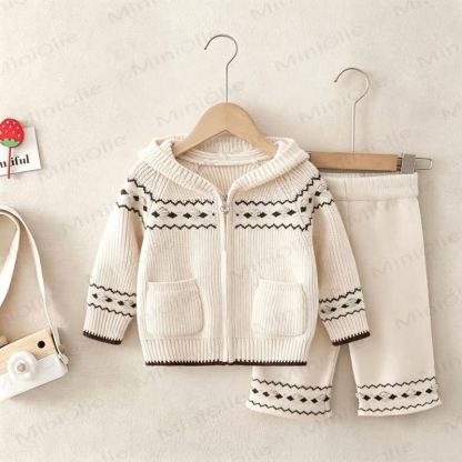 Toddler Girl Nordic Knit Hooded Cardigan and Pants 2-piece Set - Beige - 6-7T - image 1