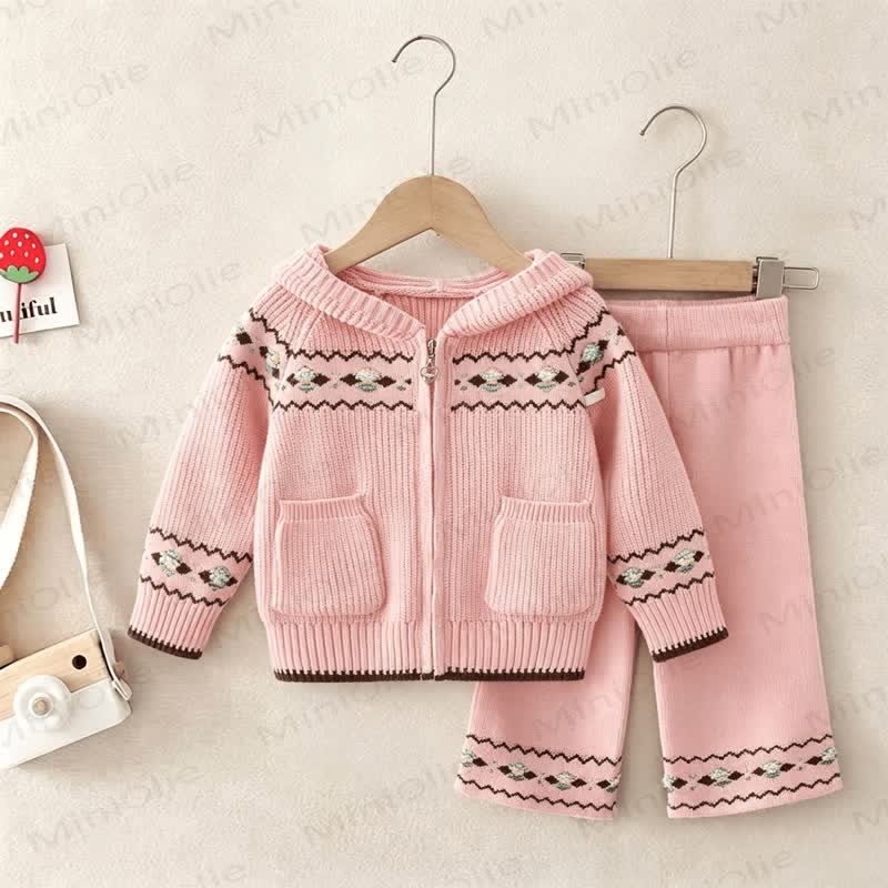 Toddler Girl Nordic Knit Hooded Cardigan and Pants 2-piece Set - Pink - 6-7T - image 2
