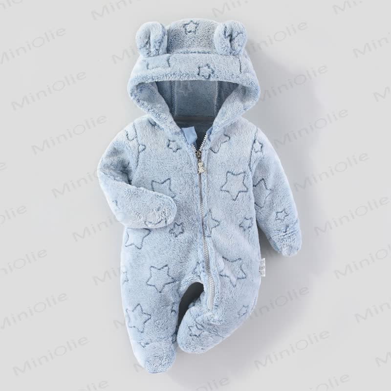 Baby Fleece Hooded Bear Ear Footed Romper - Blue Star - 12-18M - image 2
