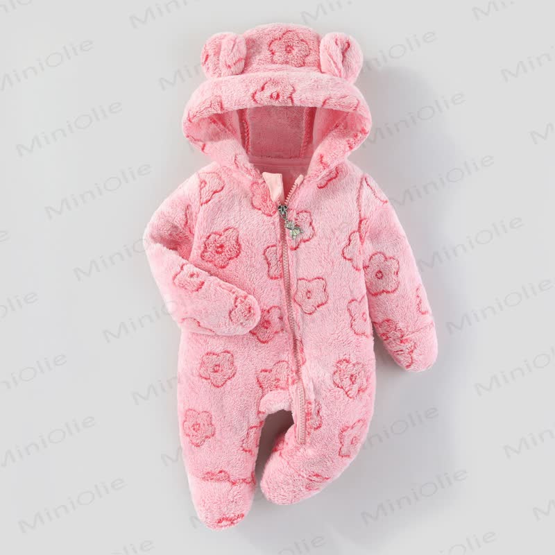 Baby Fleece Hooded Bear Ear Footed Romper - Pink Flower - 12-18M - image 5