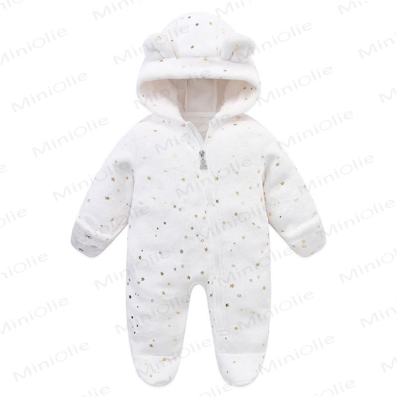 Baby Fleece Hooded Bear Ear Footed Romper - White Star - 12-18M - image 8