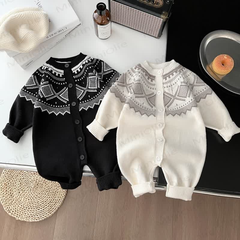 Baby Rhombic Knit Long Sleeve Button Front Romper - image 1