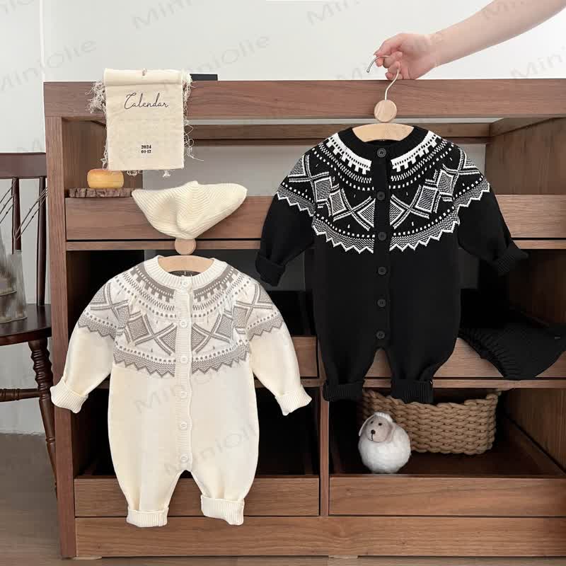 Baby Rhombic Knit Long Sleeve Button Front Romper - image 2
