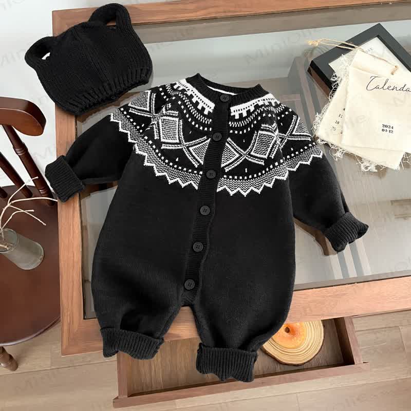 Baby Rhombic Knit Long Sleeve Button Front Romper - Black - 2-3T - image 4