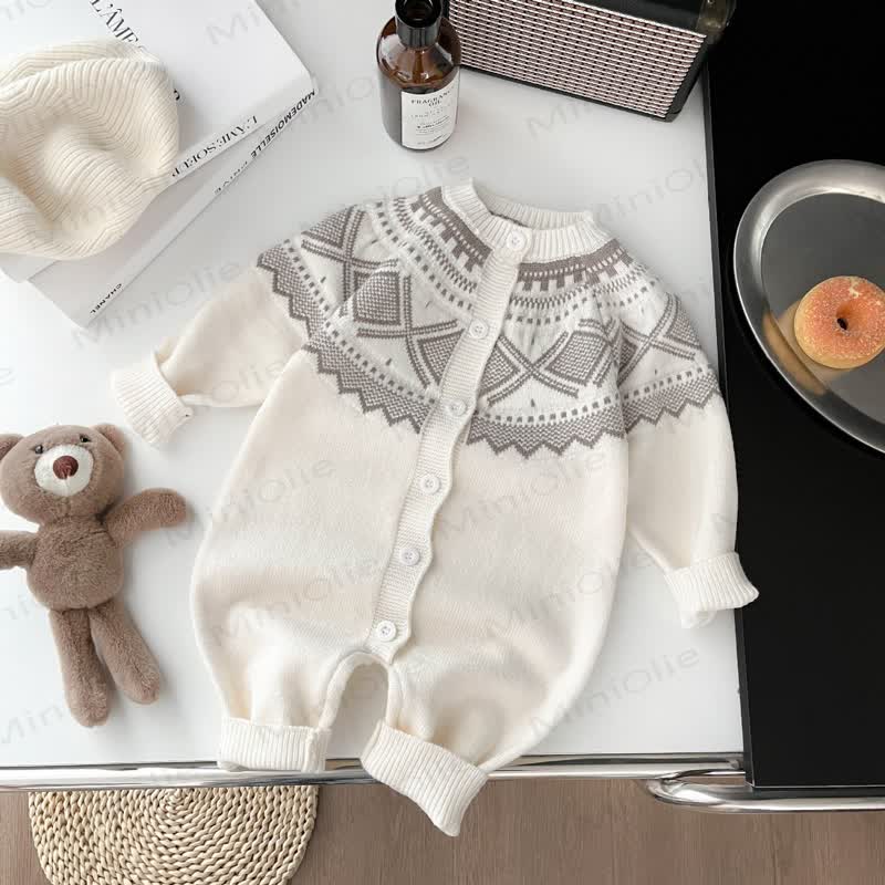 Baby Rhombic Knit Long Sleeve Button Front Romper - Beige - 2-3T - image 3