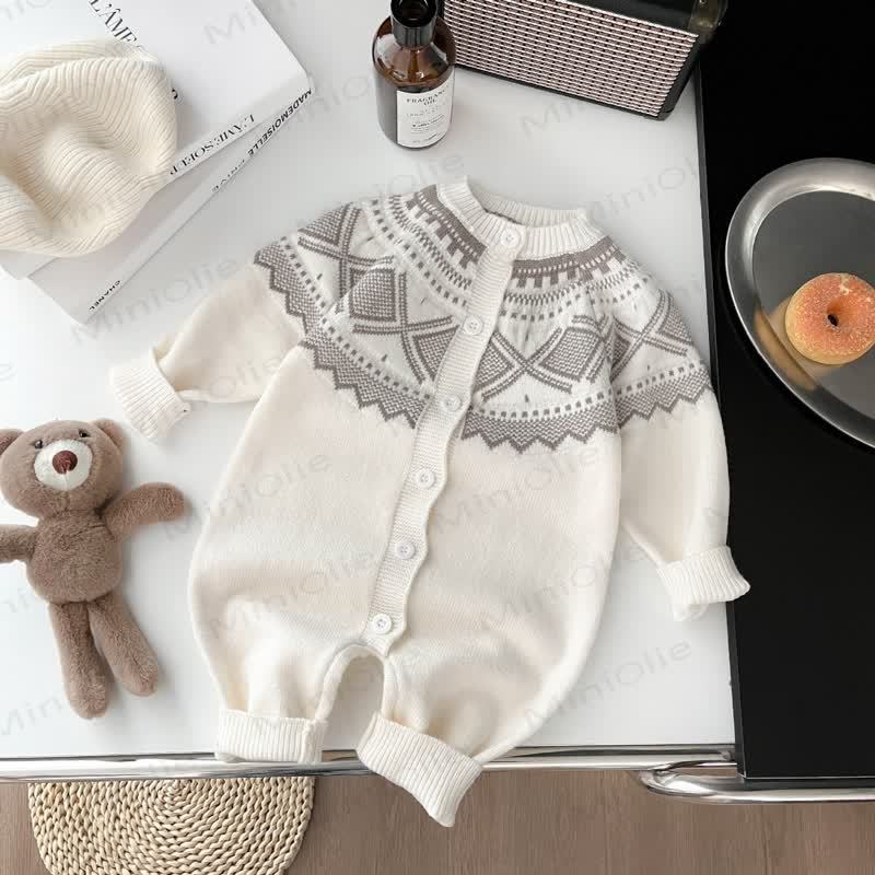 Baby Rhombic Knit Long Sleeve Button Front Romper - Beige - 2-3T - image 3