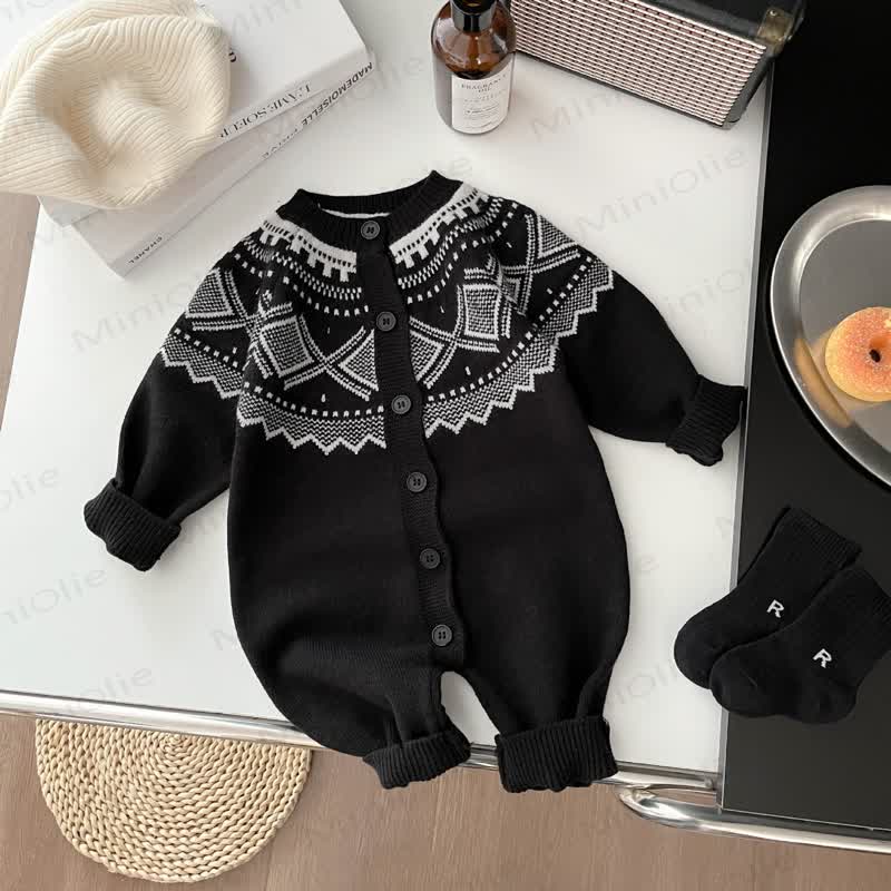 Baby Rhombic Knit Long Sleeve Button Front Romper - image 6