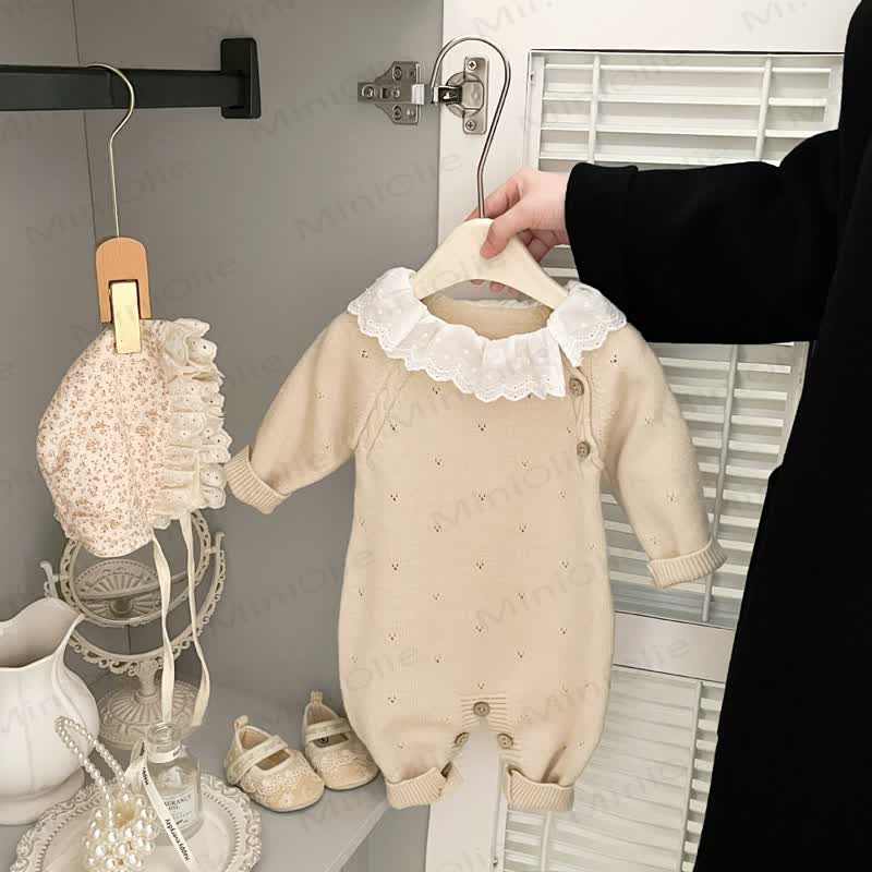 Baby Vintage Lace Collar Pointelle Knit Romper - Beige - 2-3T - image 1
