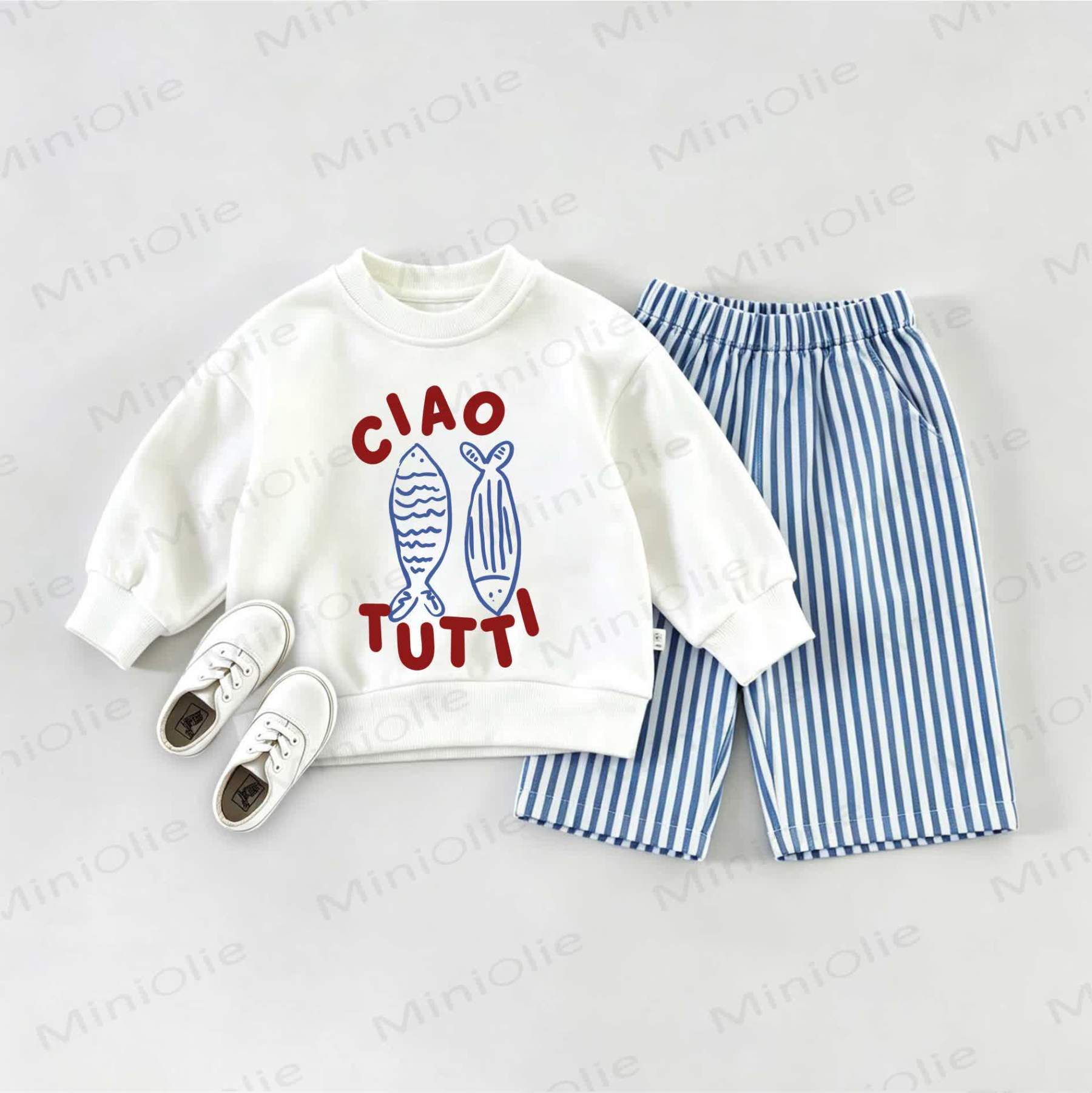 CIAO TUTTL Baby Fish Sweatshirt and Striped Pants Set - White&Blue - 2-3T - image 1
