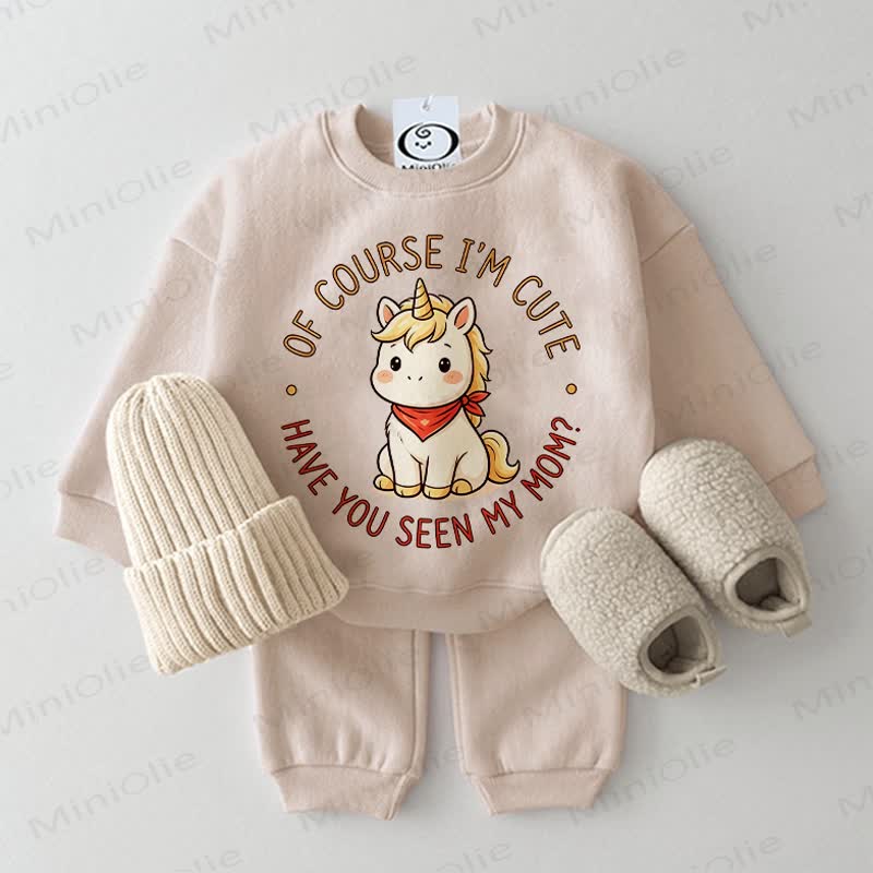 OF COURSE I'M CUTE HAVE YOU SEEN MY MOM? Baby Unicorn Beige Sweatshirt 2-piece Set - Beige - 2-3T - image 1