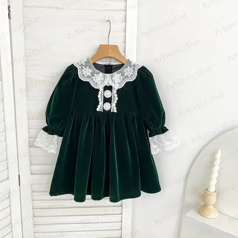 Toddler Girl Velvet Lace Collar Long Sleeve Dress - Green - 6-7T - image 3