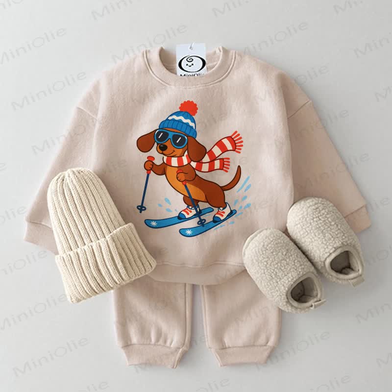Baby Skiing Dachshund Sweatshirt 2-piece Set - Beige - 2-3T - image 2