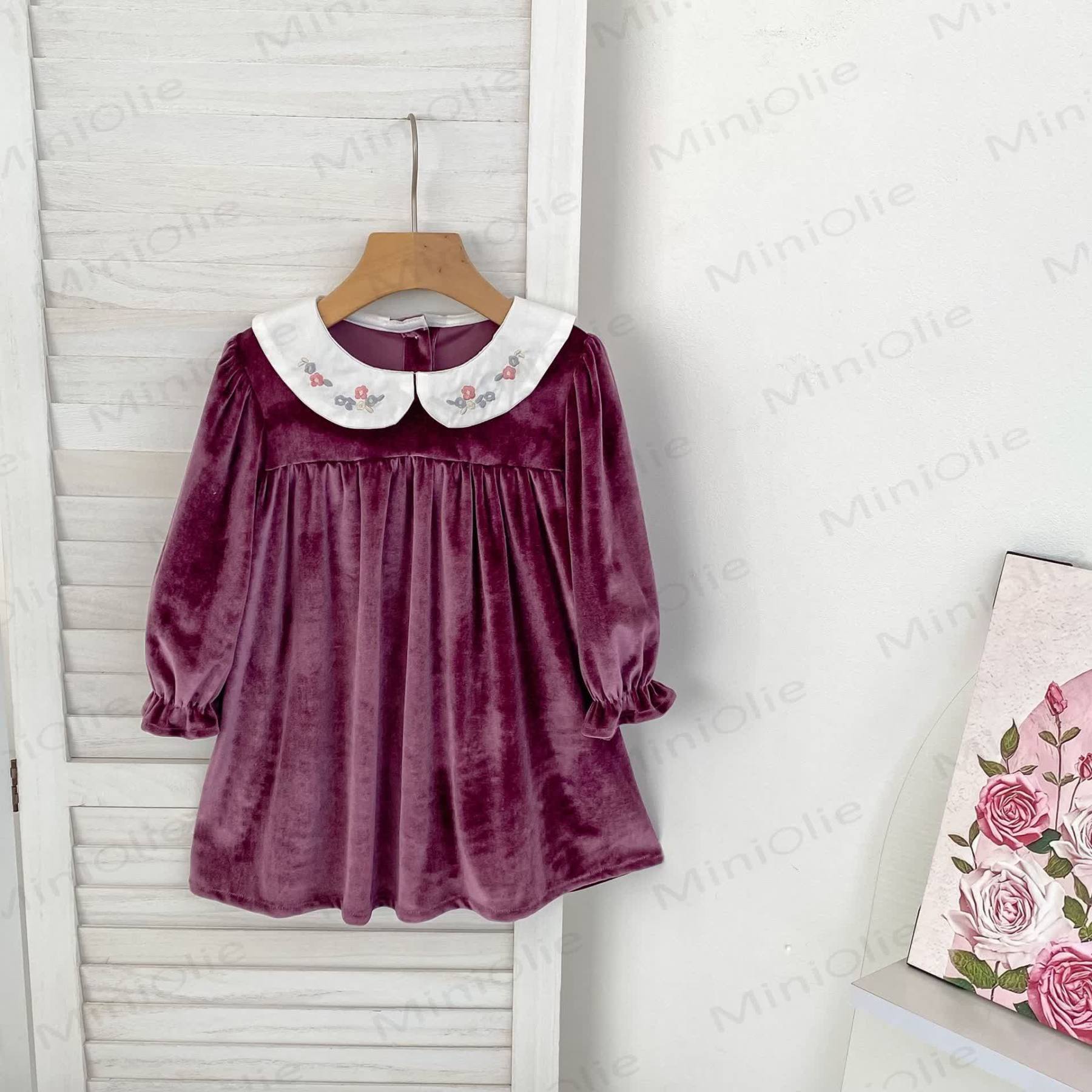 Toddler Girl Velvet Flower Collar Dress - Purple - 6-7T - image 2