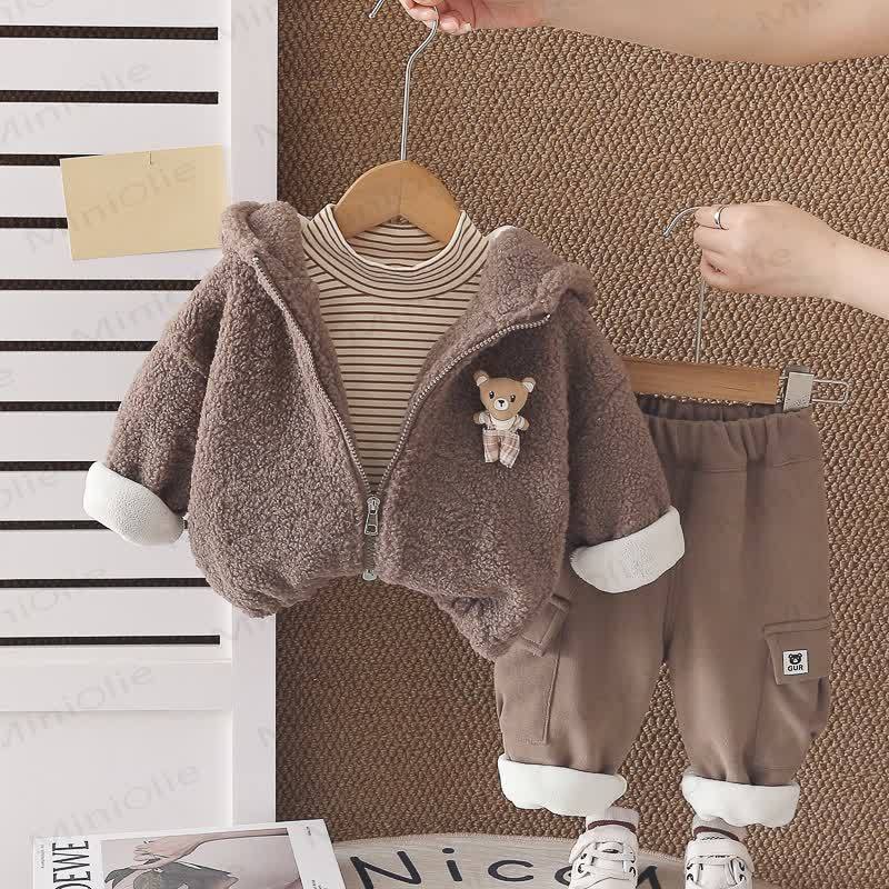 Toddler Baby Bear Fleece Hooded Warm 3-piece Set - Brown - 4-5T - image 3
