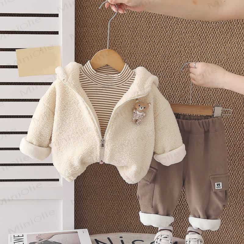 Toddler Baby Bear Fleece Hooded Warm 3-piece Set - Beige - 4-5T - image 2