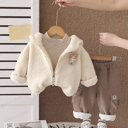 Toddler Baby Bear Fleece Hooded Warm 3-piece Set - Beige - 4-5T - image 2