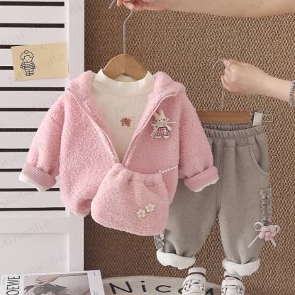 Toddler Baby Bunny Fleece Hoodie 3-piece Set - Pink - 4-5T - image 3