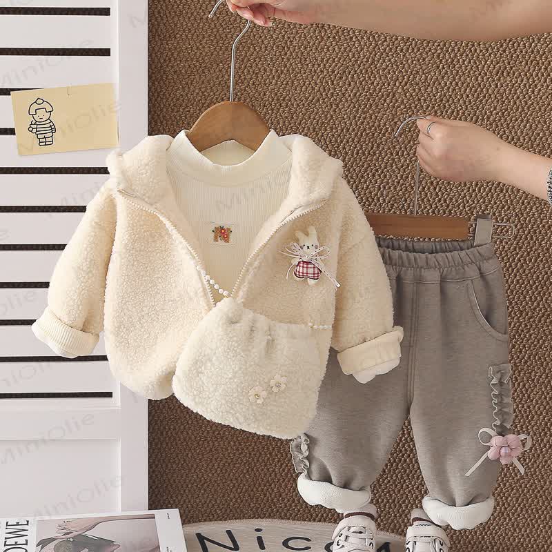 Toddler Baby Bunny Fleece Hoodie 3-piece Set - Beige - 4-5T - image 2