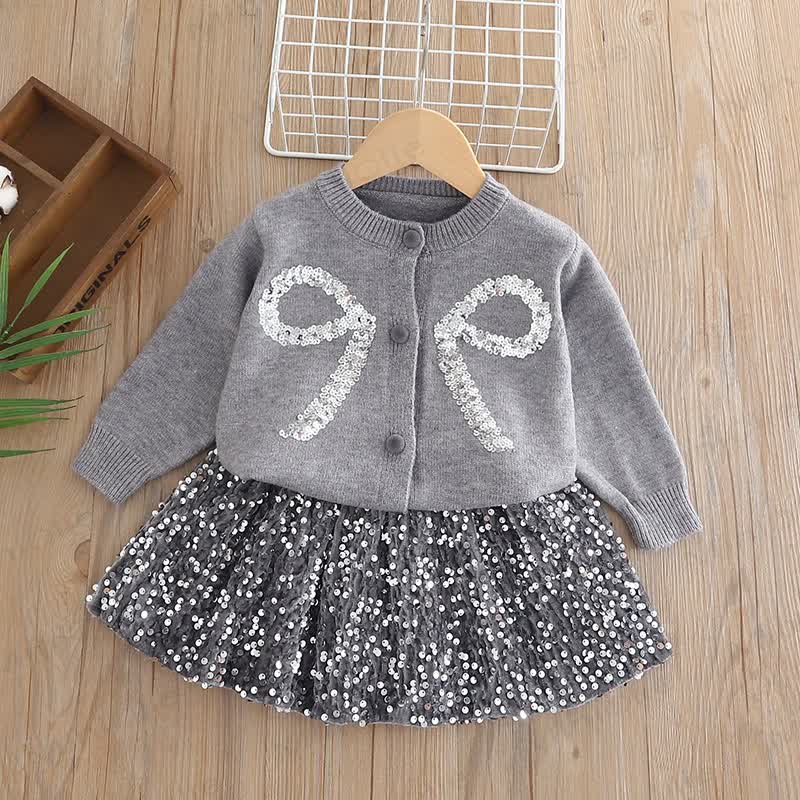 Toddler Girl Bow Sequin Cardigan and Skirt 2-piece Set - Gray - 6-7T - image 1