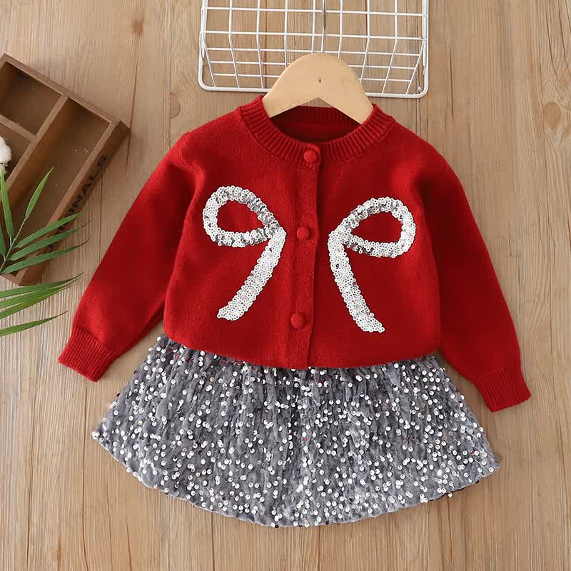 Toddler Girl Bow Sequin Cardigan and Skirt 2-piece Set - Red - 6-7T - image 2