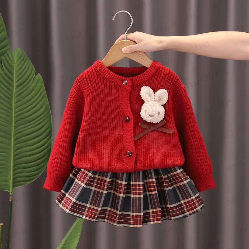 Toddler Girl Bunny Applique Knit Cardigan and Skirt 2-piece Set - Red - 6-7T - image 1