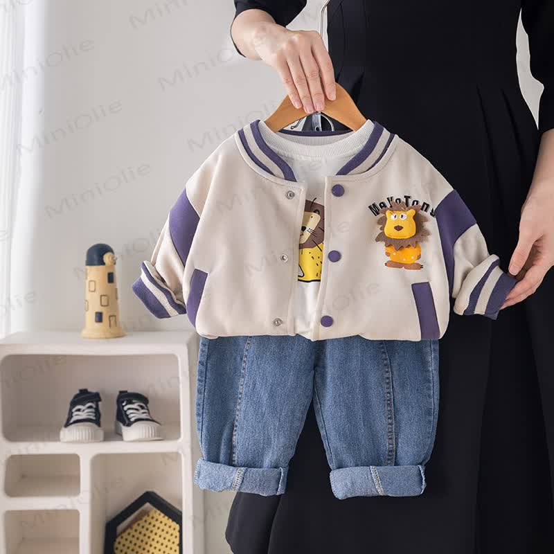 Toddler Baby Lion Patch Jacket and Denim Pants 3-piece Set - Beige - 4-5T - image 2