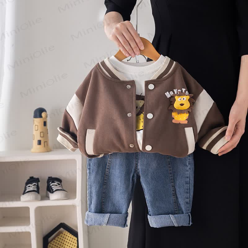 Toddler Baby Lion Patch Jacket and Denim Pants 3-piece Set - Brown - 4-5T - image 3