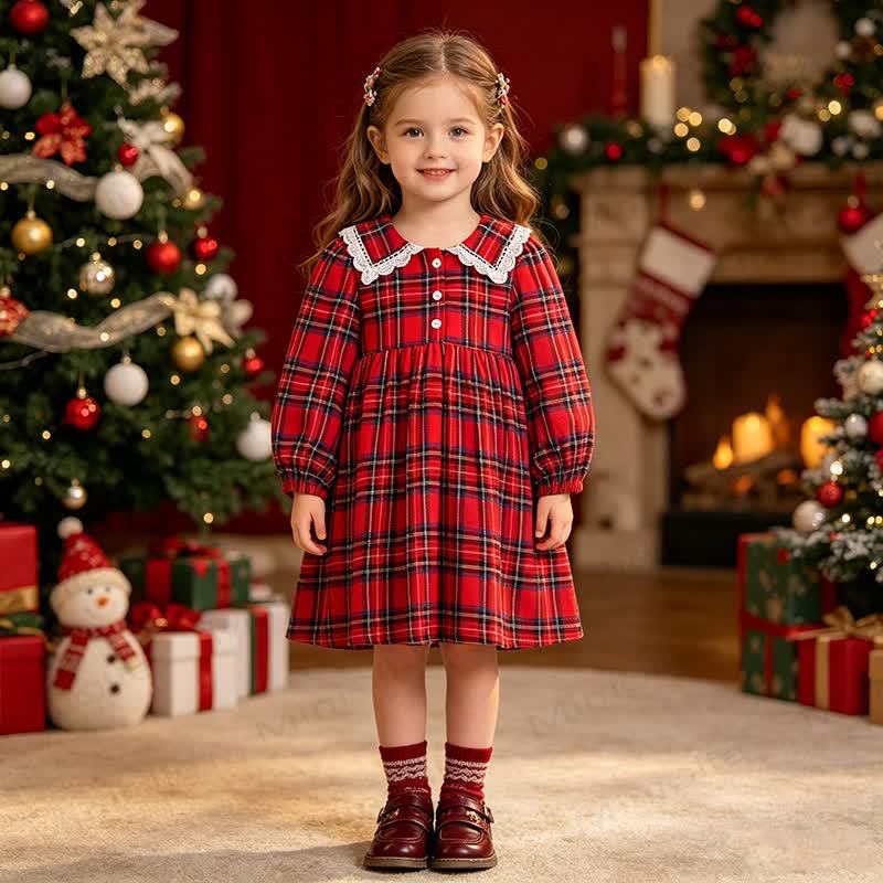 Toddler Girl Tartan Lace Collar Dress - Red - 6-7T - image 1