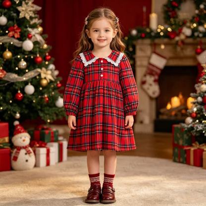 Toddler Girl Tartan Lace Collar Dress - Red - 6-7T - image 1
