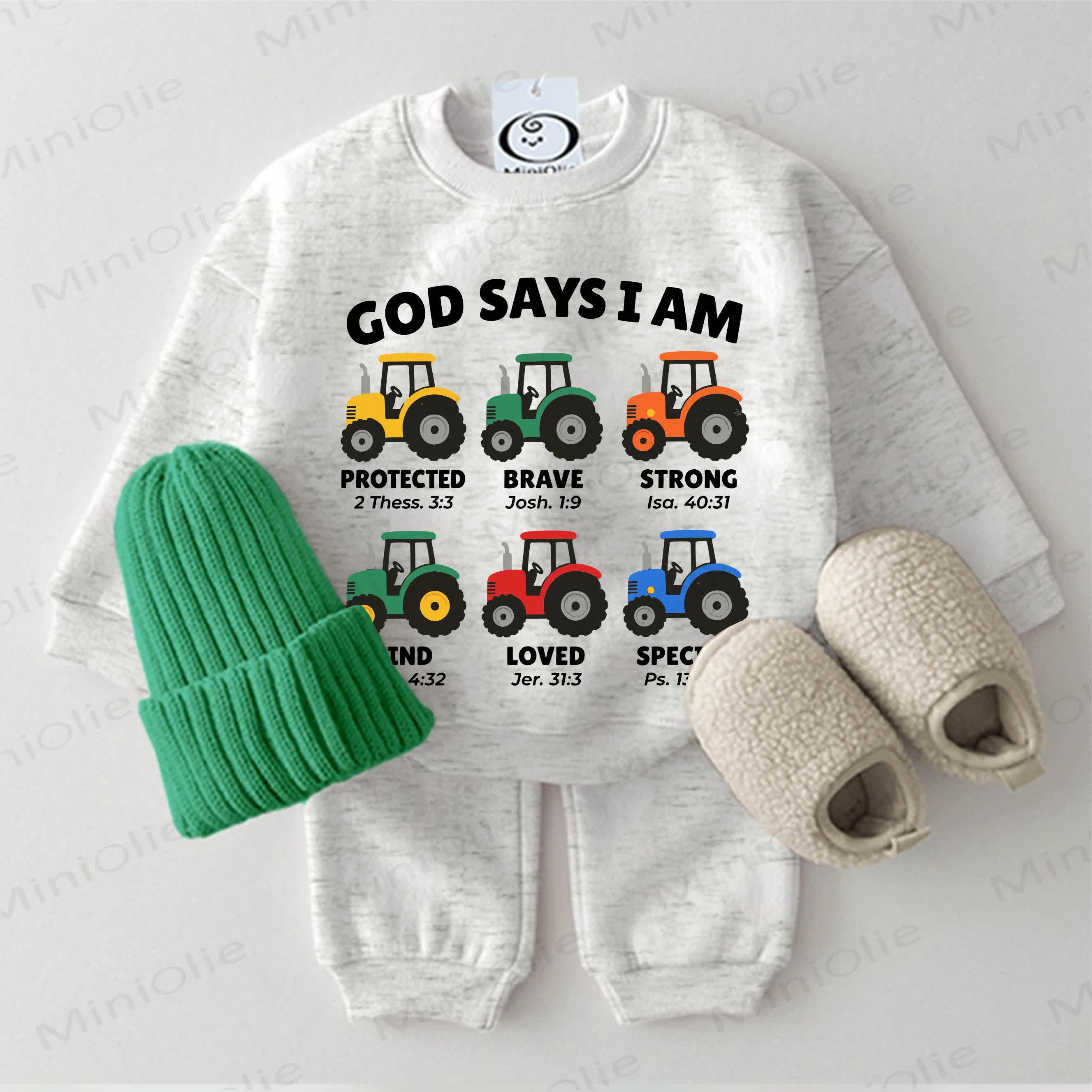 GOD SAYS I AM Baby Tractors Light Grey Sweatshirt 2-piece Set - Light Grey - 2-3T - image 1